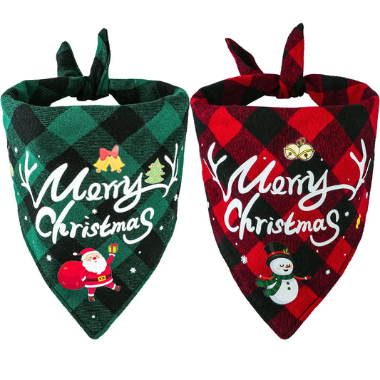 Viretec Christmas Dog Bandanas 2 Pack Classic Plaid Dog Scarf Santa Snowman Merry Christmas Print Triangle Bibs Kerchief Adjustable Washable Dog Bandanas for Small Medium Large Dogs Cats Pets