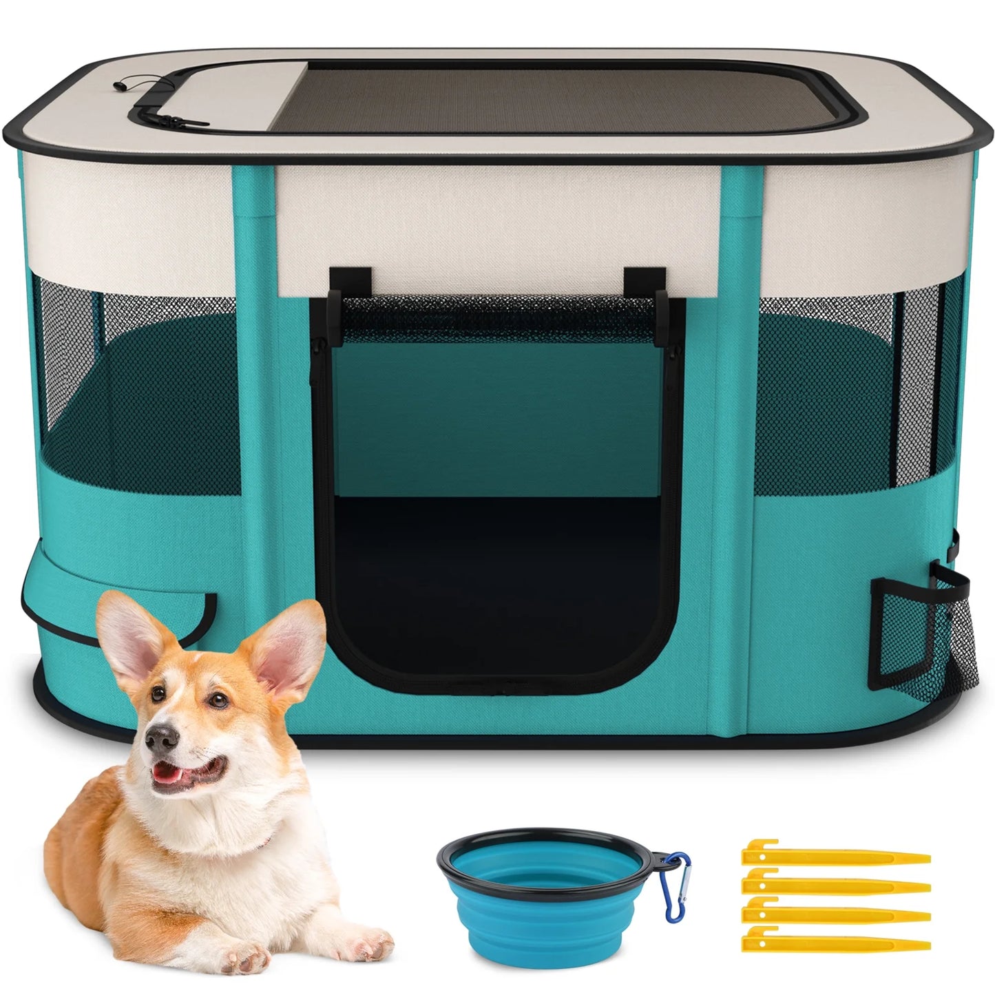 Pet Playpen, Foldable Portable Dog Cat Playpens Exercise Kennel Tent, Removable Shade Cover, Indoor Outdoor Travel Camping Use