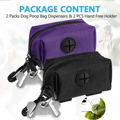 2 Pack Dog Poop Bag Holder for Leash Attachment - Waste Bag Dispenser for Leash - Fits Any Dog Leash - Portable Set with 1 Hand Free Holder Metal Carrier - Black&Purple