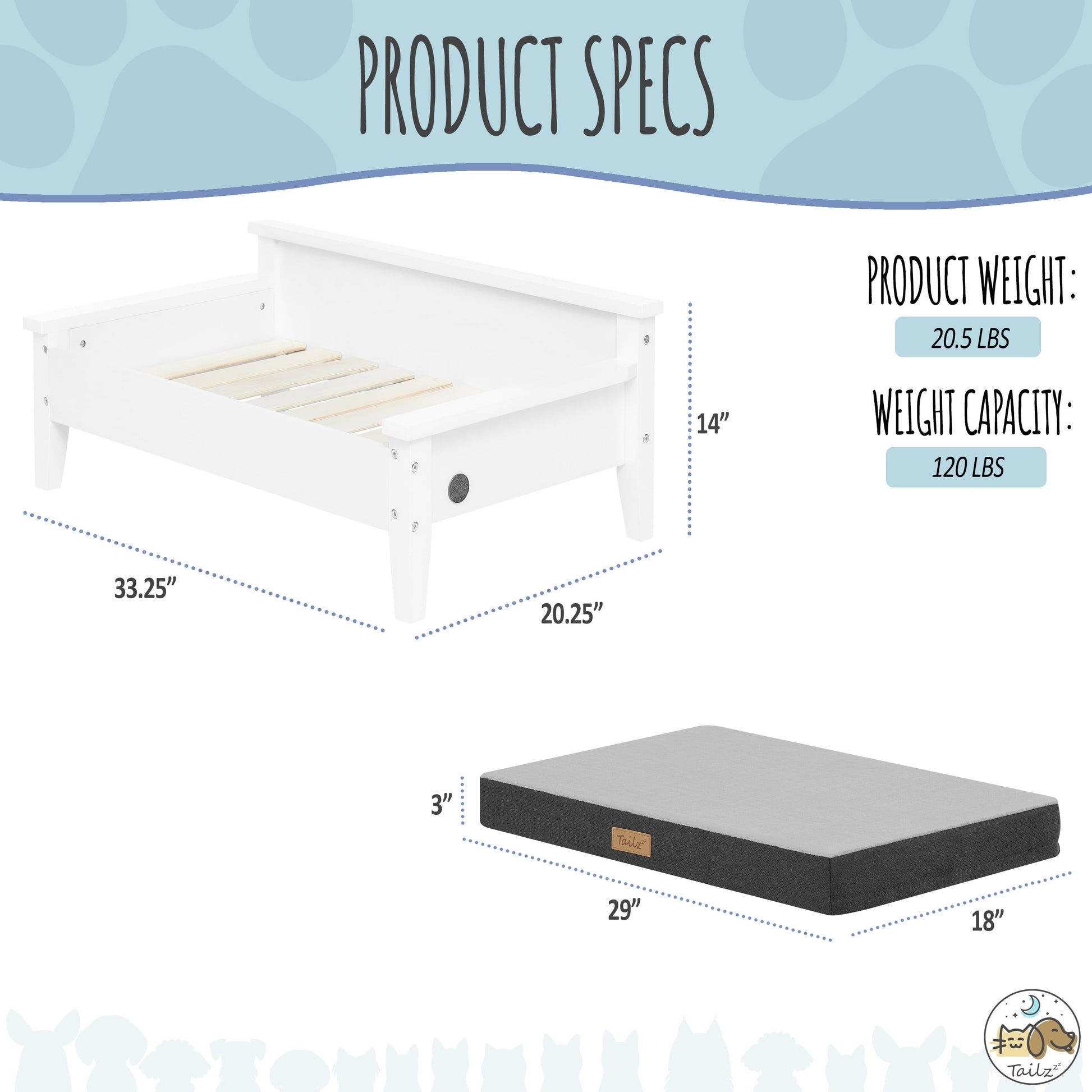 Winston Small Elevated Wooden Pet Bed with Plush Mattress, White