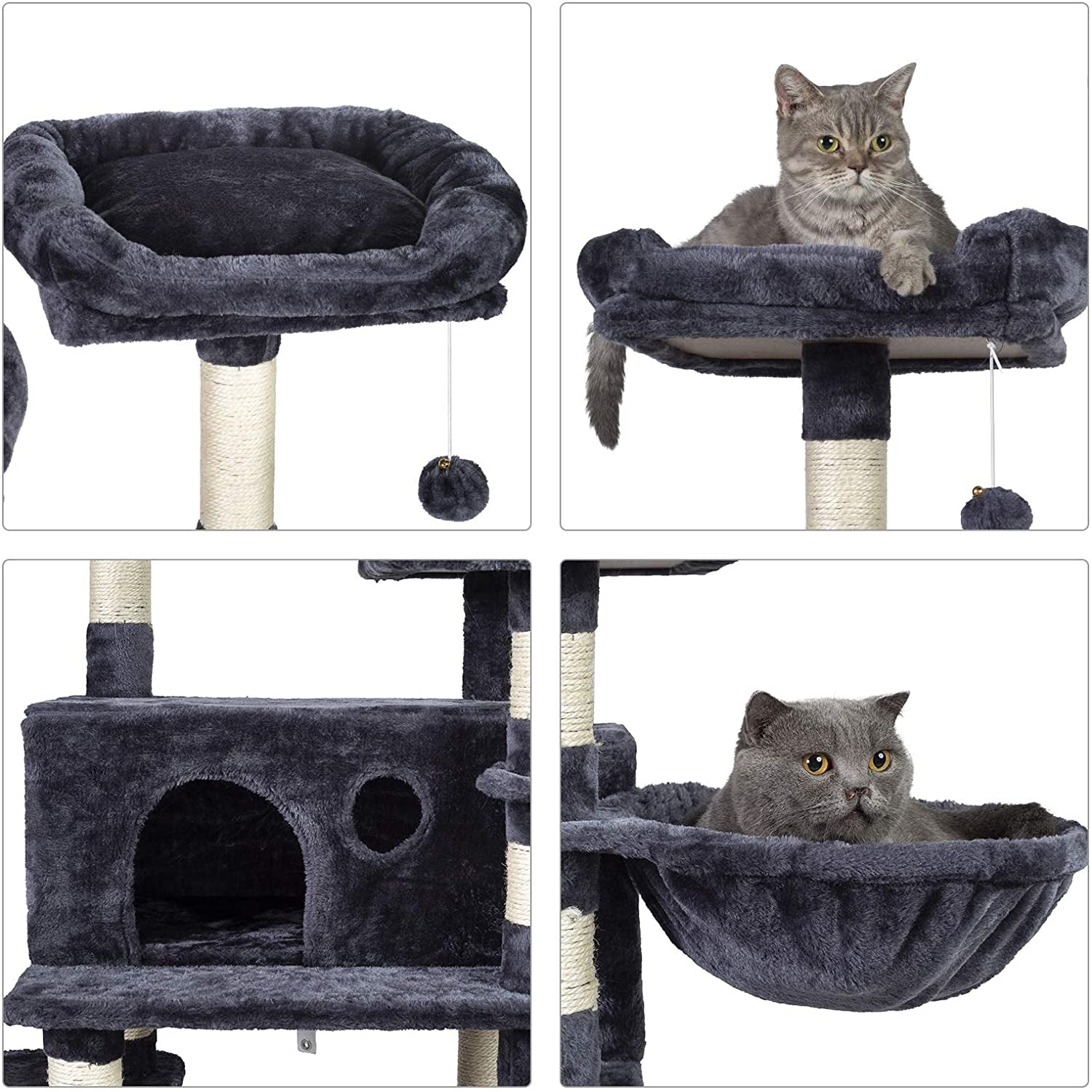 Multi-Level Cat Tree Condo for Large Cats, Cat Tower with Scratching Board, Padded Plush Perch and Cozy Basket Smoky Gray MPJ0025G