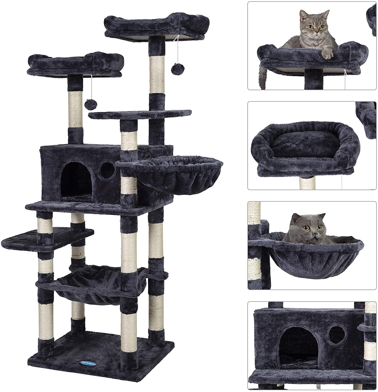 Multi-Level Cat Tree Condo for Large Cats, Cat Tower with Scratching Board, Padded Plush Perch and Cozy Basket Smoky Gray MPJ0025G