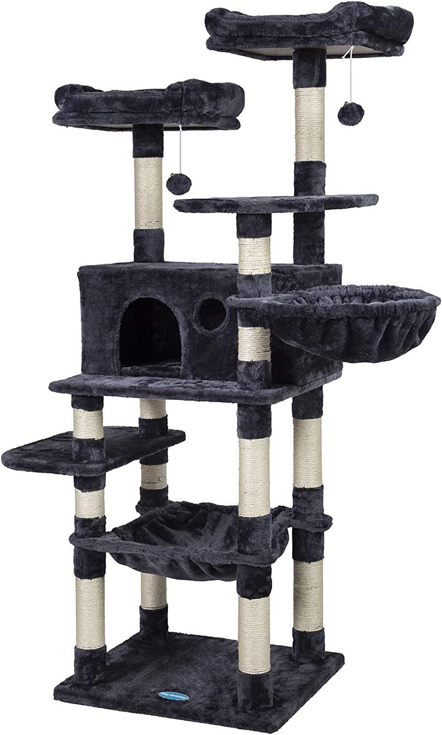 Multi-Level Cat Tree Condo for Large Cats, Cat Tower with Scratching Board, Padded Plush Perch and Cozy Basket Smoky Gray MPJ0025G