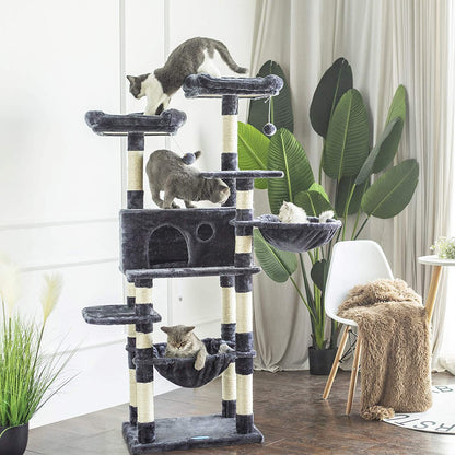 Multi-Level Cat Tree Condo for Large Cats, Cat Tower with Scratching Board, Padded Plush Perch and Cozy Basket Smoky Gray MPJ0025G