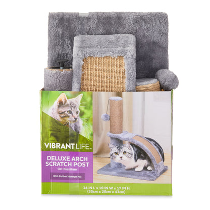 17"Deluxe Jute Cat Scratching Post with Arch Grooming Massager, Gray, Pack of 1