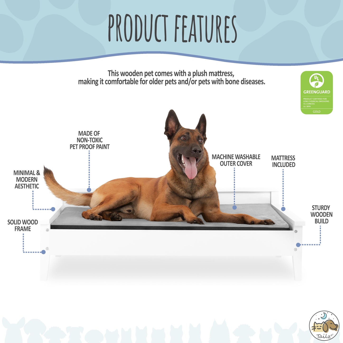 Winston Wooden Pet Bed with Mattress | Large to Extra Large Pet Bed with Mattress | Elevated Pet Bed | Greenguard Gold Certified Wooden Pet Bed