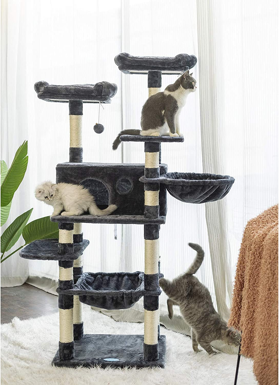 Multi-Level Cat Tree Condo for Large Cats, Cat Tower with Scratching Board, Padded Plush Perch and Cozy Basket Smoky Gray MPJ0025G