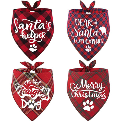 4 Pack Dog Christmas Bandanas - Classic Triangle Merry Christmas Printing Plaid Xmas Fall Pet Scarf Bibs Kerchief Gifts Set - Pet Holiday Accessories Decoration for Small to Large Puppy Dogs Cats