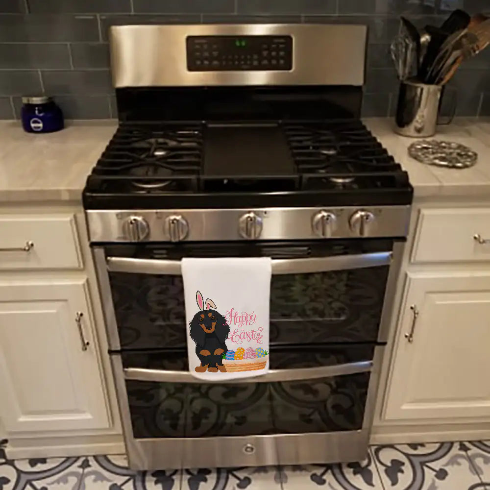 Longhair Black and Tan Dachshund Easter Kitchen Towel Set of 2