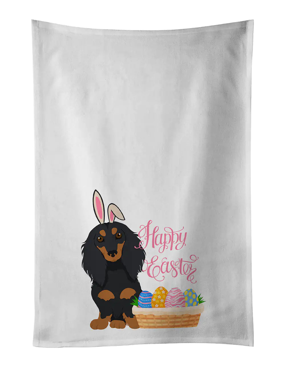 Longhair Black and Tan Dachshund Easter Kitchen Towel Set of 2