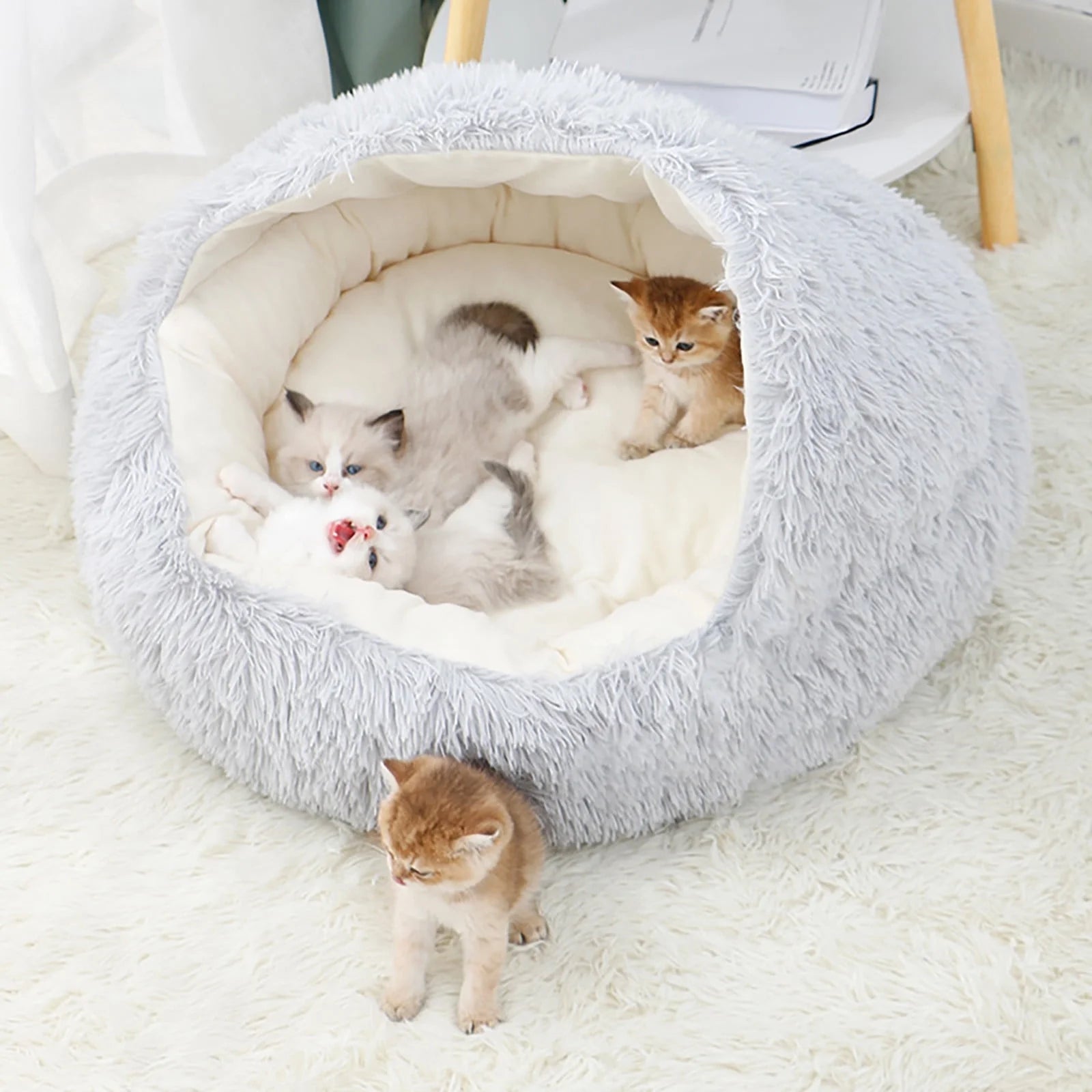 Calming Dog Beds & Cat Cave Bed with Hooded Cover,Removable Washable round Beds for Small Medium Pets,Anti-Slip Faux Fur Fluffy Coved Bed for Improved Sleep,Fits up to 11 Lbs