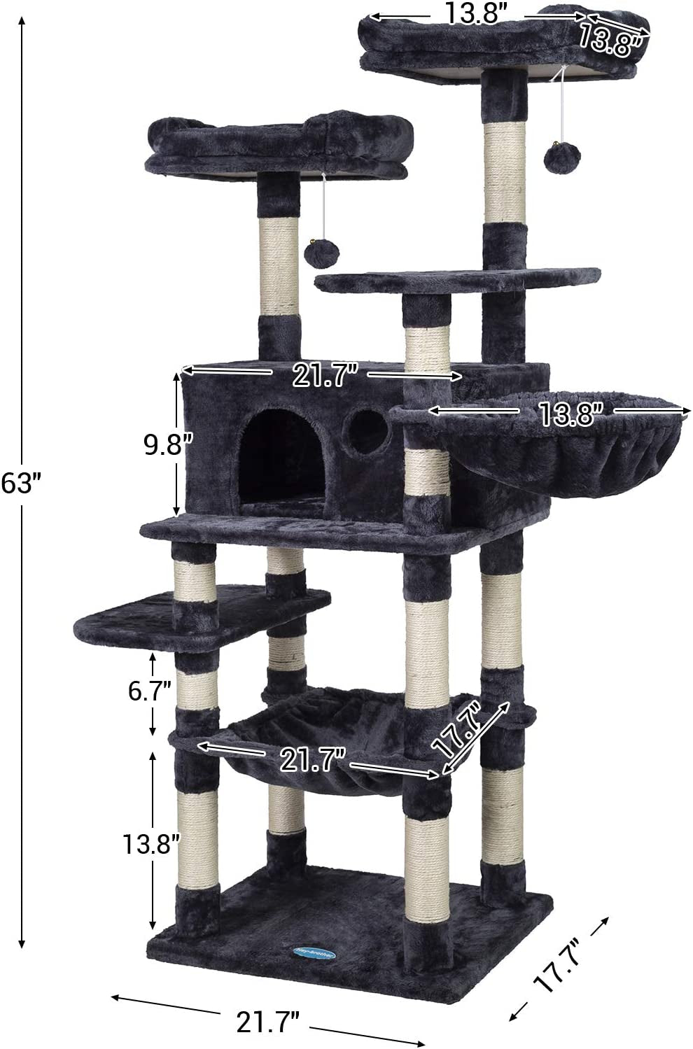 Multi-Level Cat Tree Condo for Large Cats, Cat Tower with Scratching Board, Padded Plush Perch and Cozy Basket Smoky Gray MPJ0025G