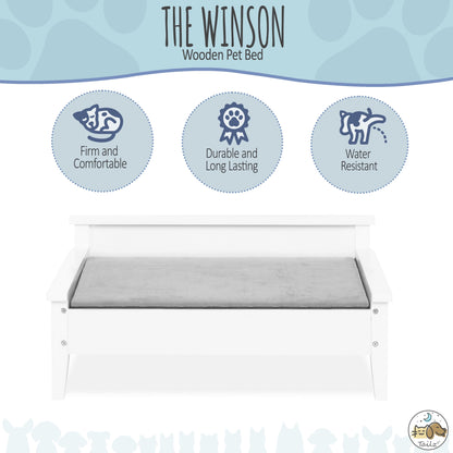 Winston Small Elevated Wooden Pet Bed with Plush Mattress, White