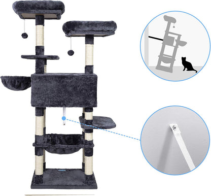 Multi-Level Cat Tree Condo for Large Cats, Cat Tower with Scratching Board, Padded Plush Perch and Cozy Basket Smoky Gray MPJ0025G