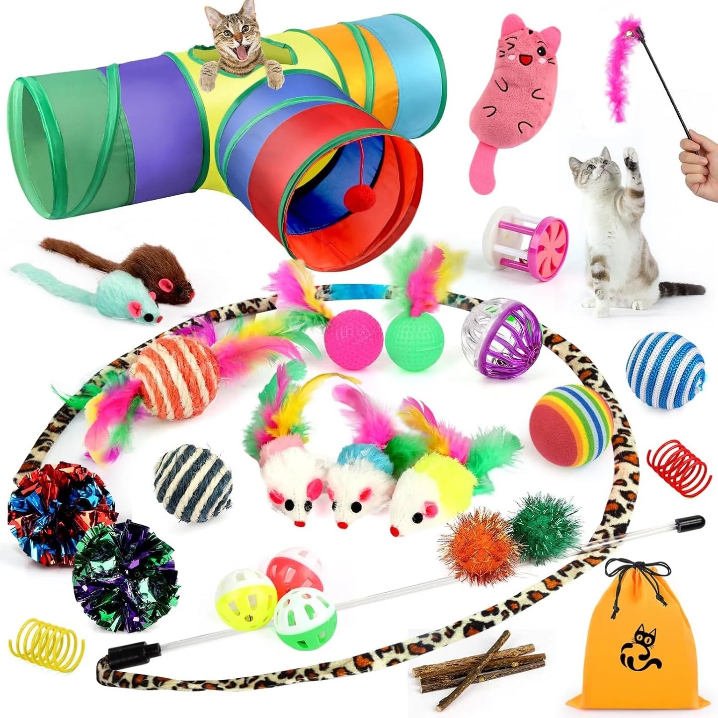 32 PCS Cat Toys Kitten Toys, Variety Catnip Toys with Rainbow Tunnel Interactive Cat Feather Teaser Spring Toy Set for Cat, Kitty