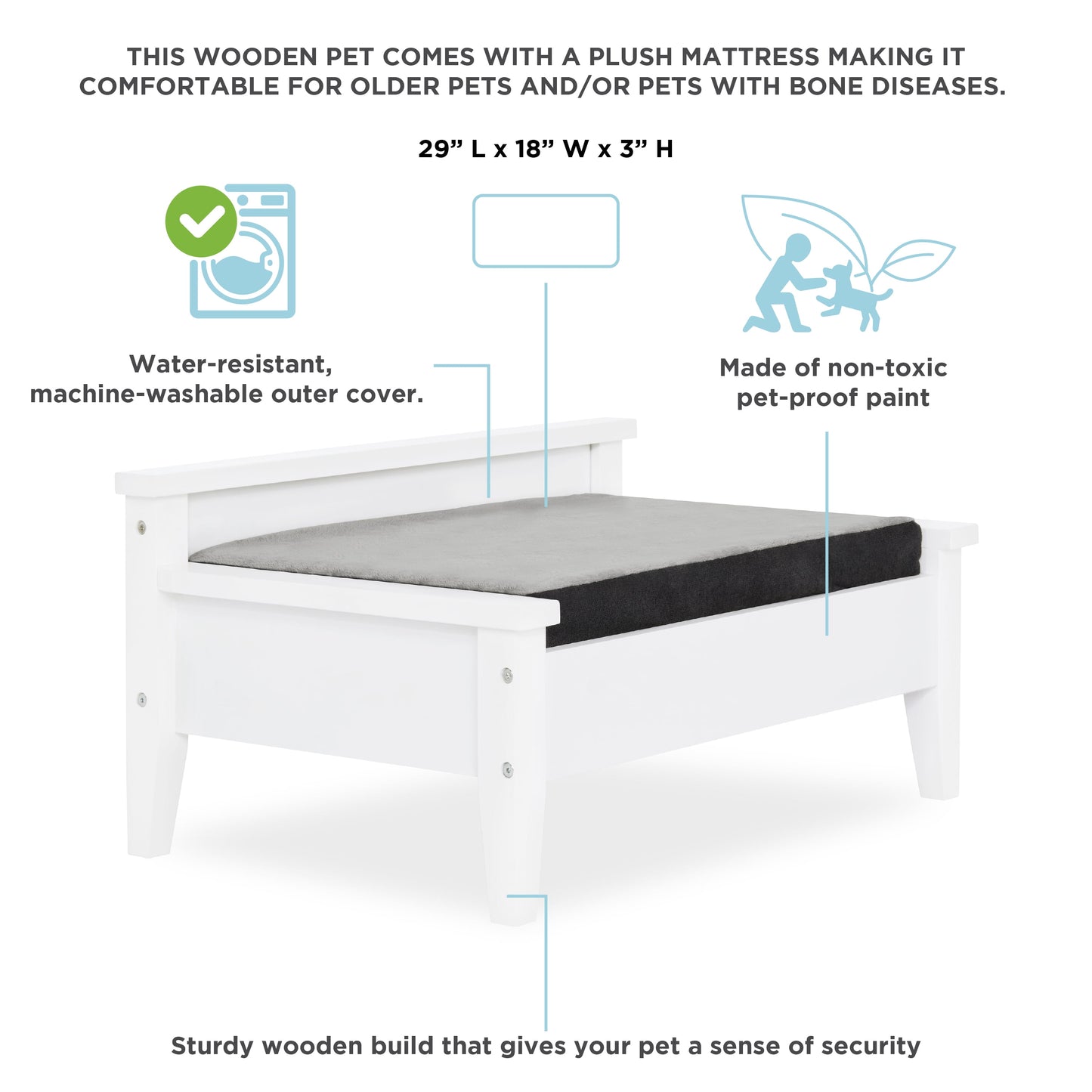 Winston Small Elevated Wooden Pet Bed with Plush Mattress, White